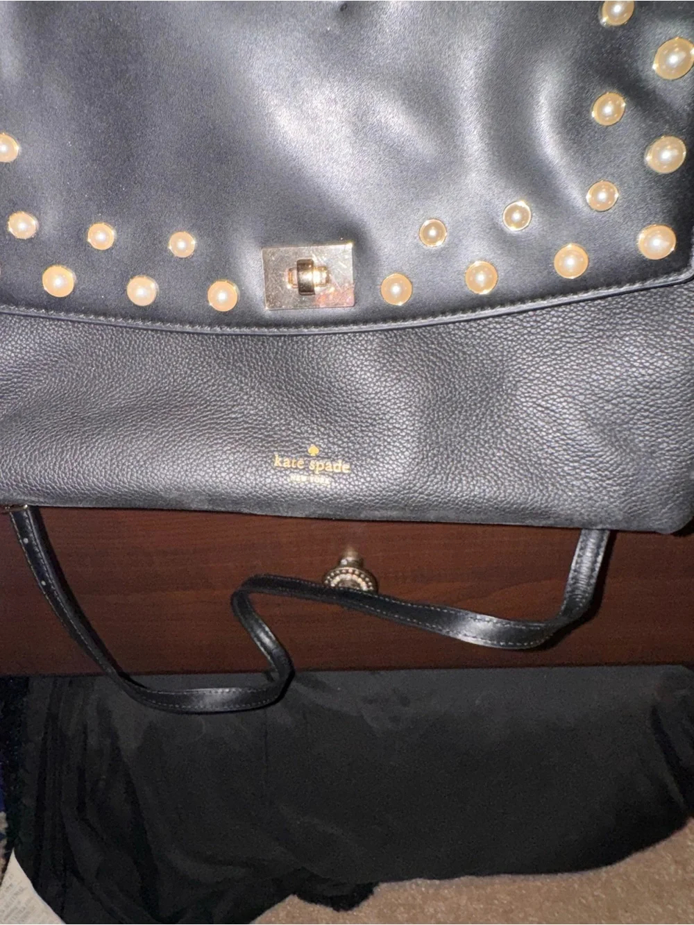 kate spade Black Leather Top-Handle Satchel with Gold-Tone Pearl Studs